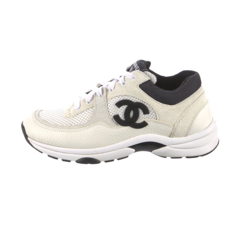 CHANEL White and Black Logo Low-Top Sneakers